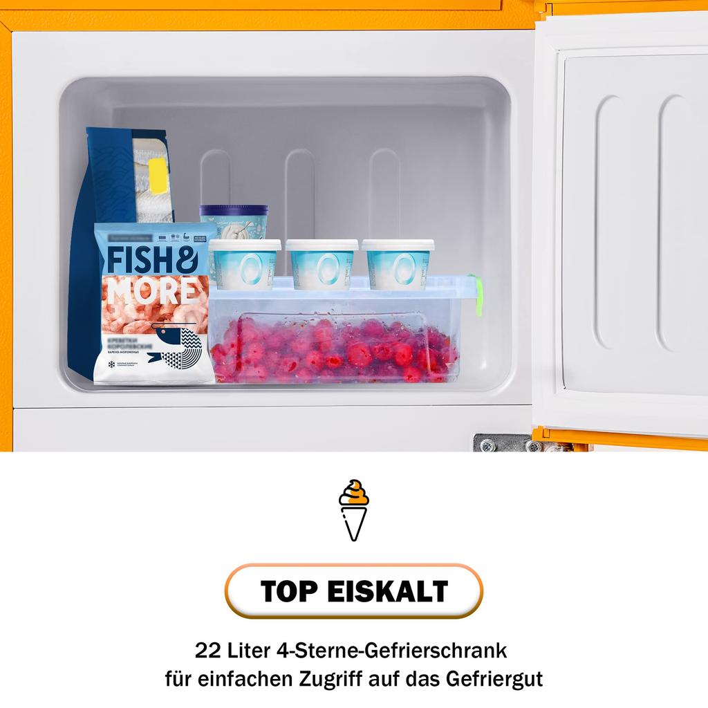 Kühlschrank mit Gefrierfach, Kühl-Gefrierkombination, 60 Liter Doppeltür Kühlschrank, mit 22L Gefrierschrank, 45dB, LED, Gemüsefach, Türablagen