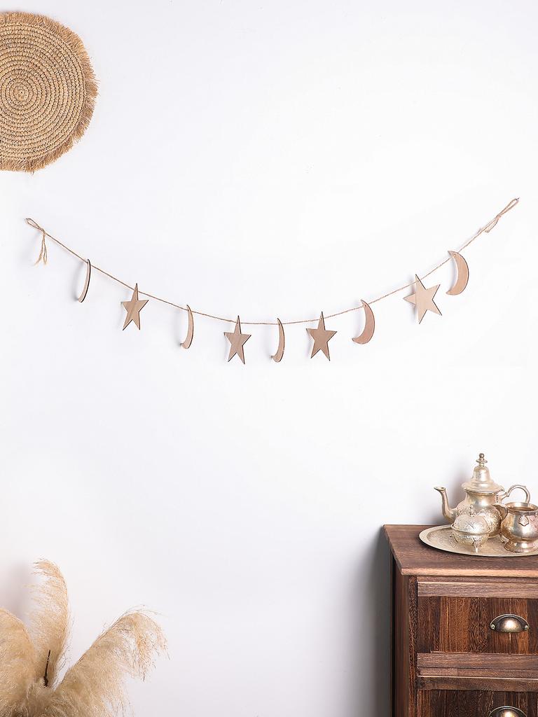 Ramadan Kareem Wood Moon Star Garland Islamic Lantern Hanging Banner Decor Home Party Wall Window Decoration Muslim Holiday Gift