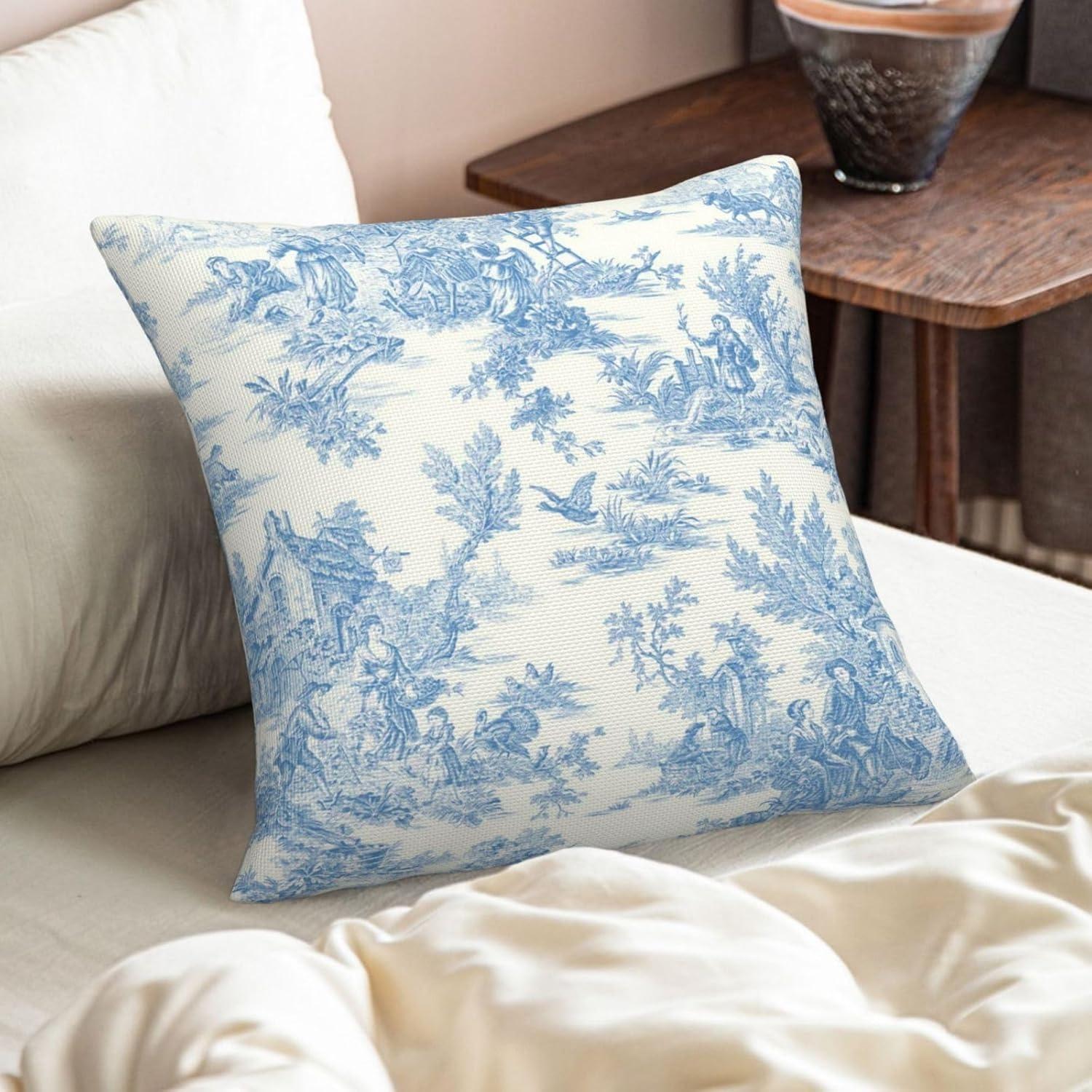 Housses de Coussin Toile Bleue et Blanche Housse de Coussin Décorative Vintage Style Campagne Française pour Canapé de Maison 45x45cm