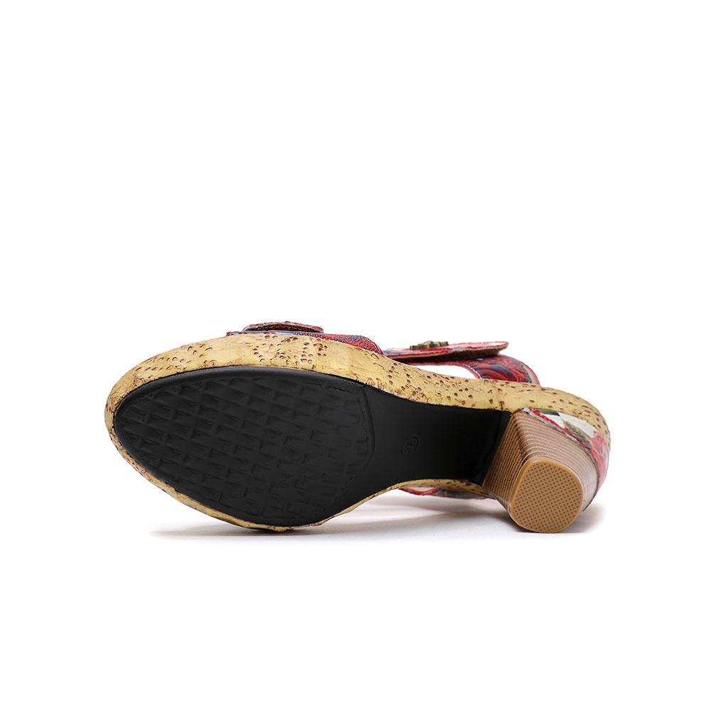Johnature Sandales à talons hauts rouges à imprimé mode en cuir véritable style ethnique rétro rose chaussures pour femmes