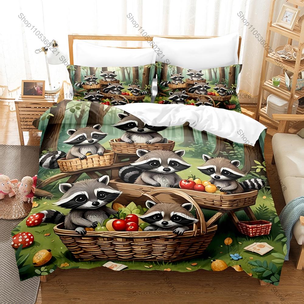 Cartoon Raccoon Three Piece Bedding Set Luxury Comforter Set with Queen King Size Cool Two pillowcase Anime Cama Infantil