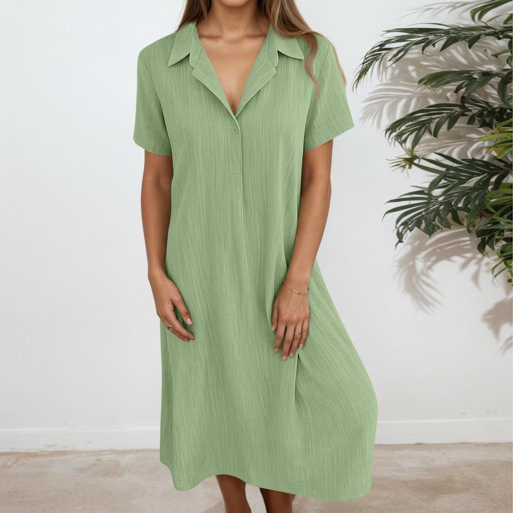 Women's Fashionable Solid Color V Neck Short Sleeved Button Loose Pullover Shirt Dress