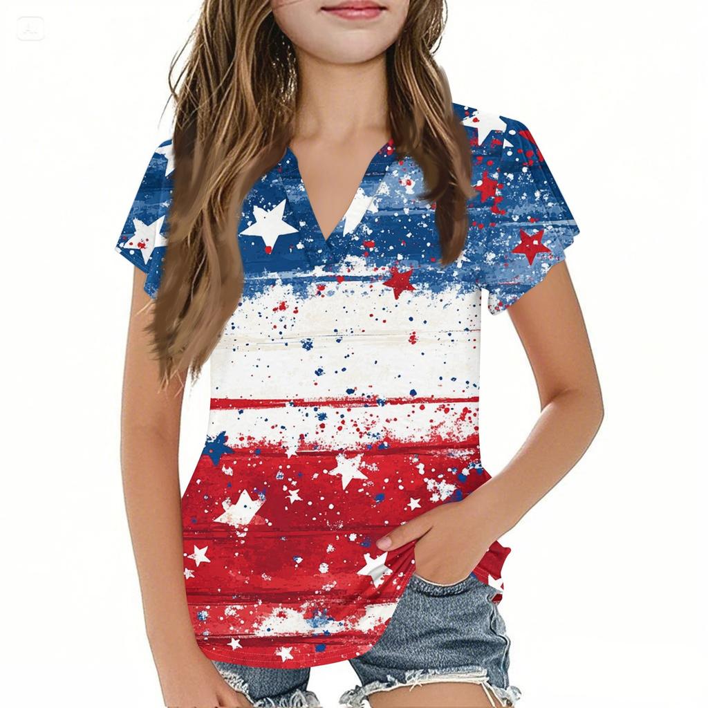 Summer Children's Casual Fashion Short-Sleeved V-Neck Independence Day Girls' Top