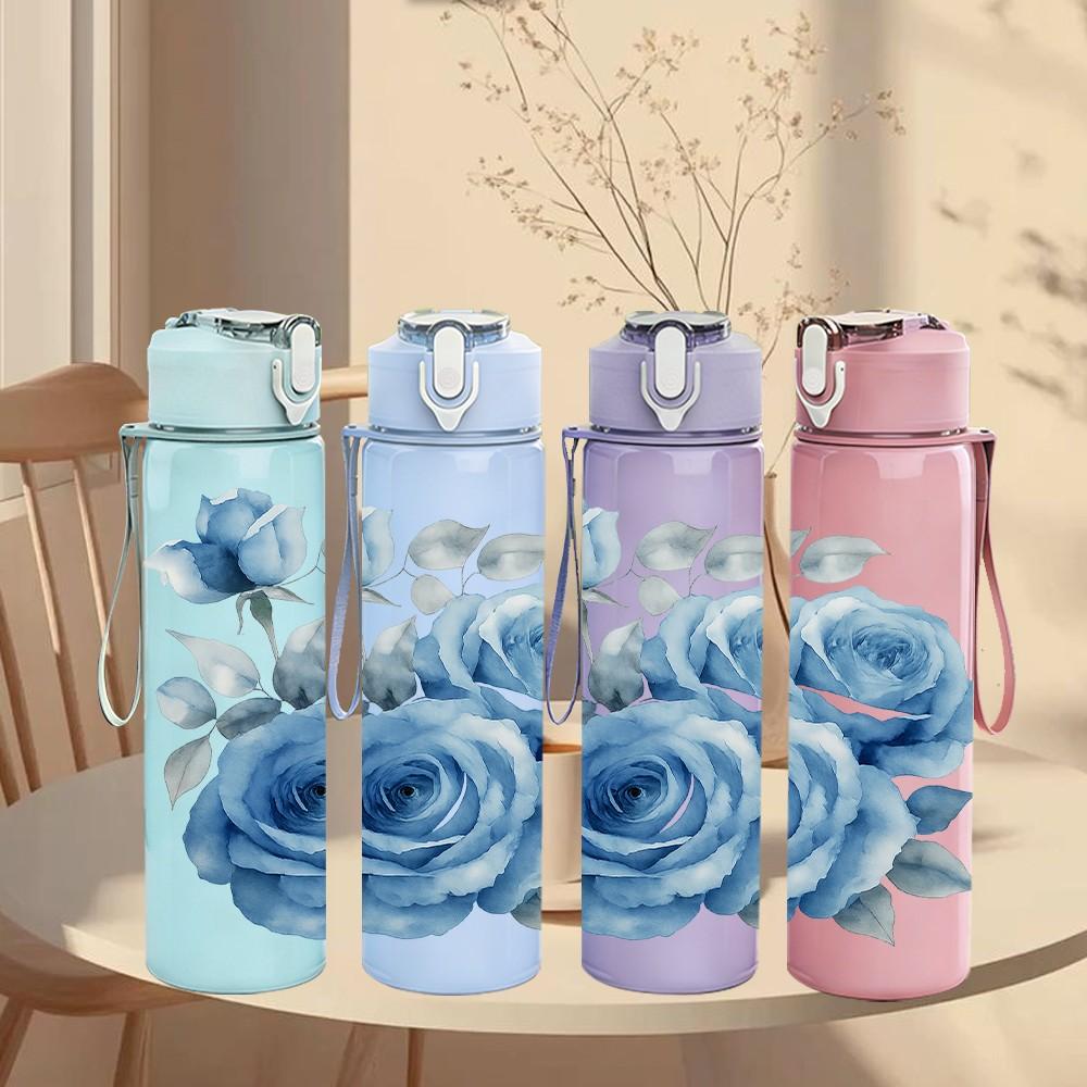 1PC Soft Blue Rose Floral Art Print 750ml Color Plastic Sports Water Bottle Leakproof Flip Straw Lid Suitable for Sports Office Home Use