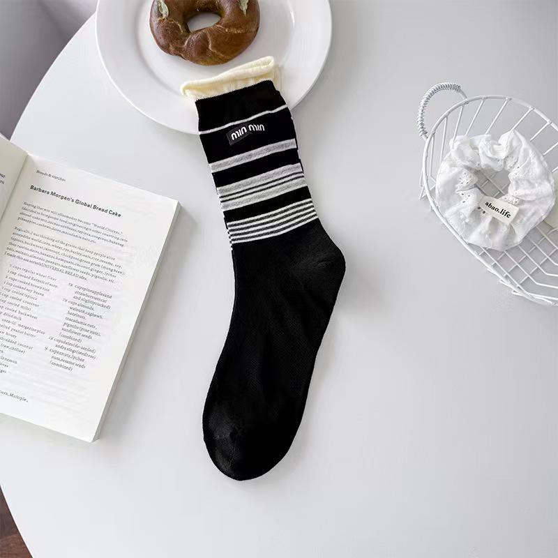 Women's Mid-Calf Striped Slouch Socks - Korean Style, Breathable Cotton for Spring & Autumn