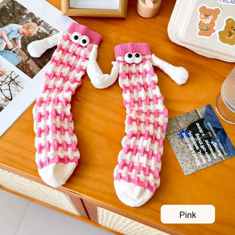 

1 пара носков «Рука в руке» Удобные Большие глаза Теплые Красочные Мультяшные Магнитные Приятные к коже Носки для пары Дофаминовый Клетчатый узор розовый