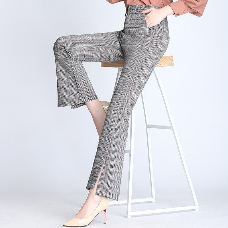 Plaid Flared Pants New Women's Nine-Quarter Pants 2026 Spring Elastic High-Waisted Slim-Fit Flared Pants with Slits
