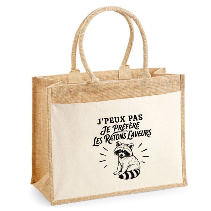 Sac cabas jute - PLANETEE - J'peux pas minimaliste - Ratons laveurs - Toile de jute & coton - 21 L