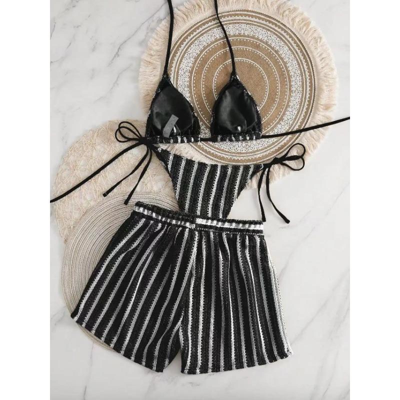 2026 новый стиль боксеры сетчатый трехсекционный женский купальник с кружевной шнуровкой на шее комплект бикини S чёрный