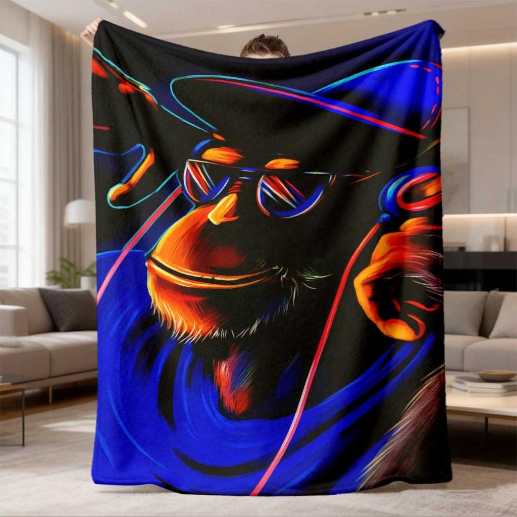 1pc Vibrant Damask Monkey Music-Themed Flannel Throw Blanket | Machine Washable, All-Season Cozy Blanket with HD Digital Print for Home, Bedroom, Offi