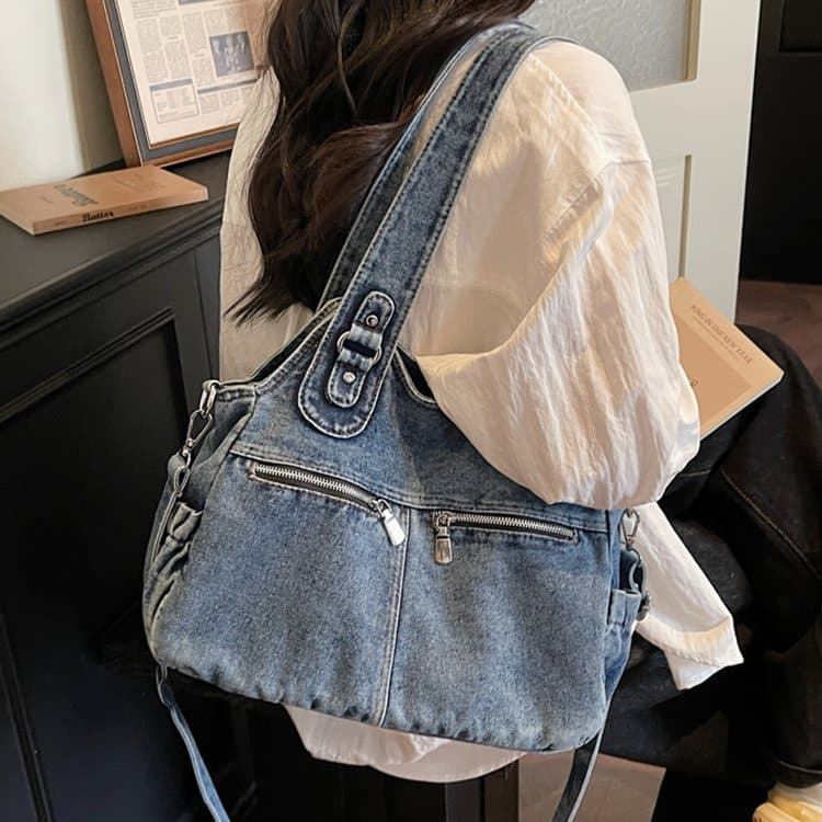Bolsa tote de brim lavado de grande capacidade bolsa de ombro feminina