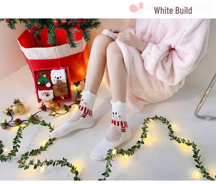 Gift Box: Autumn/Winter Ladies' Cartoon Christmas Socks - Santa Claus Coral Fleece Mid-Calf, Four-Pair Set