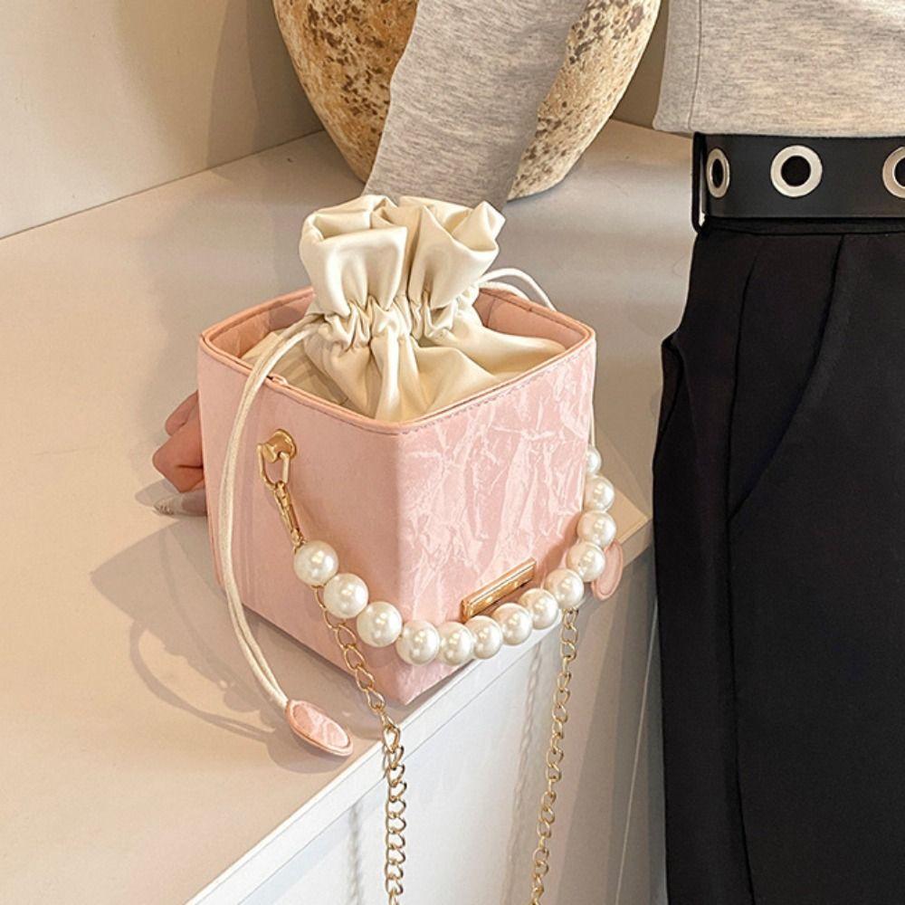 Square Drawstring Crossbody Bag Pearl Luxury Shoulder Bag Trendy Women Bucket Bag  Outdoor