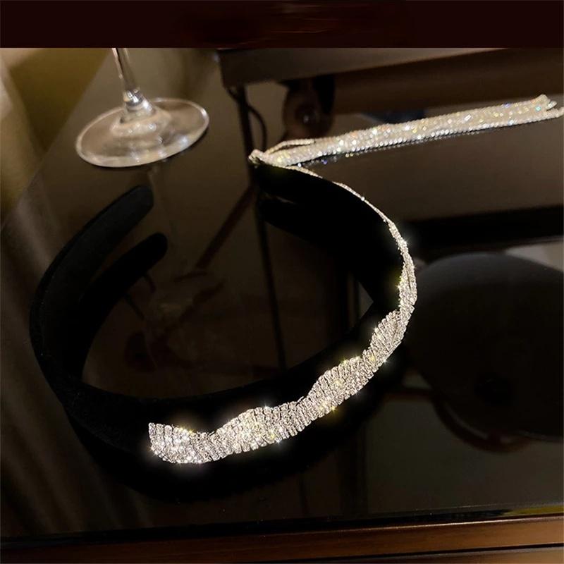 Long Tassel Asymmetry Rhinestone Headband for Women Black Velvet HairClip Wedding Hair Accessories Jewelry