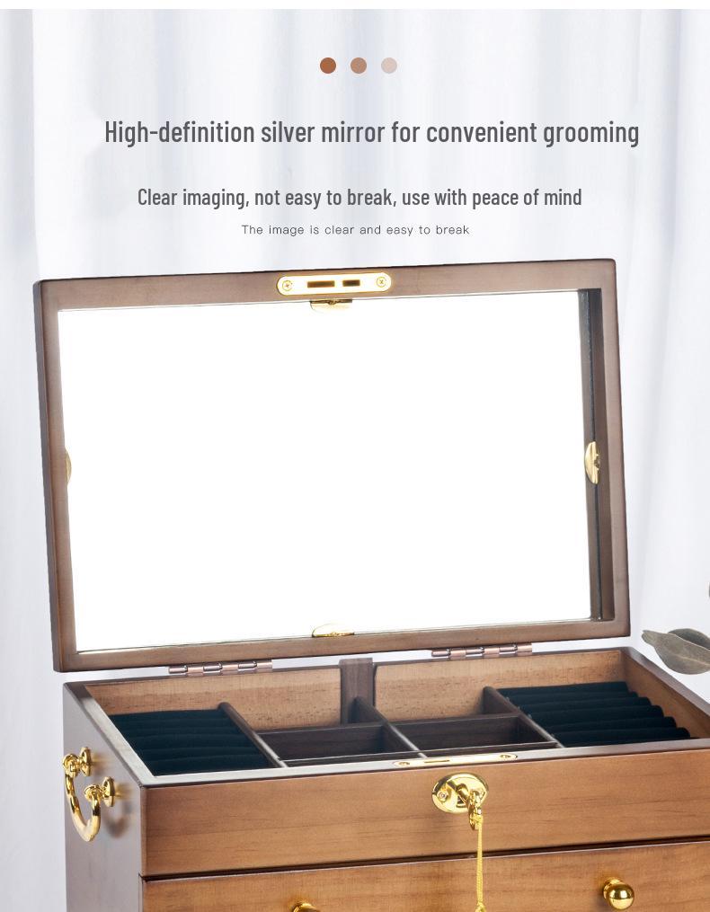Mid-Century Solid Wood Jewelry Box with Lock: Multi-Layer Storage and Velvet Interior