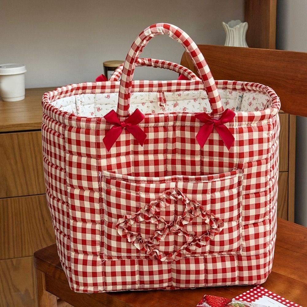 Folding Red Plaid Storage Basket Handheld Nursery Storage Basket Fabric Storage Basket Bedroom