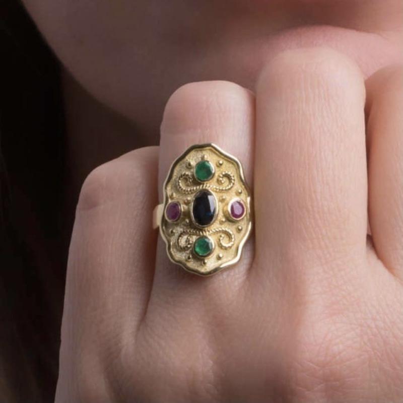 1Pc Stylish Vintage Neutral Accessory Set with Colored Synthetic Zircon Ring