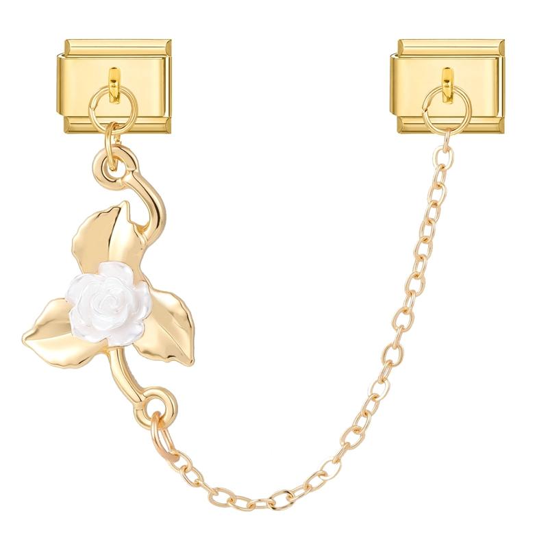 Gold Color Pink Zircon Flowers Rose Leaves Tassel Chain DIY Italian Charm Links Fit 9mm Stainless Steel Bracelet for Men Women