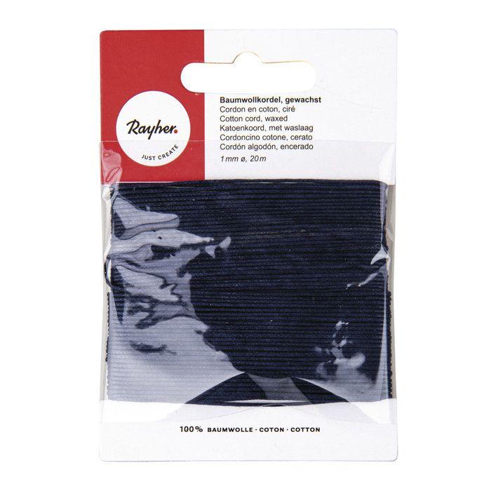 Cotton Cord, Waxed, 1mm, Card 20 M, Dark Blue