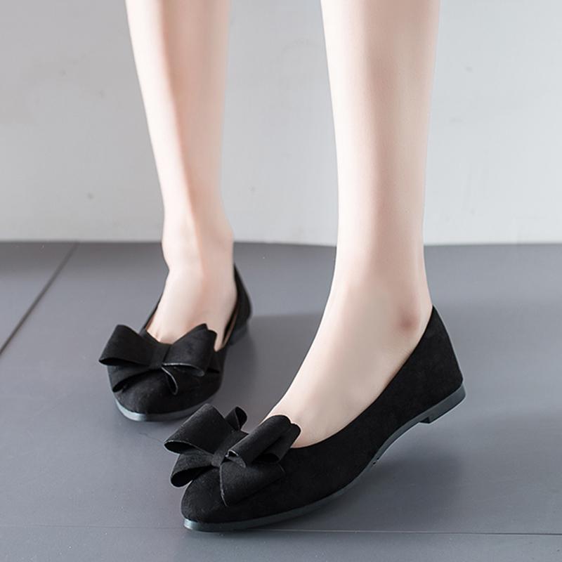 

Осенние новые замшевые женские туфли-лоферы с бантом на низком каблуке, классические туфли с острым носком на мягкой подошве, модные туфли для прогулок 40 чёрный