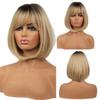 Womens Short Bob Wig With Bangs Gradient Gold Synthetic Hair Daily Use