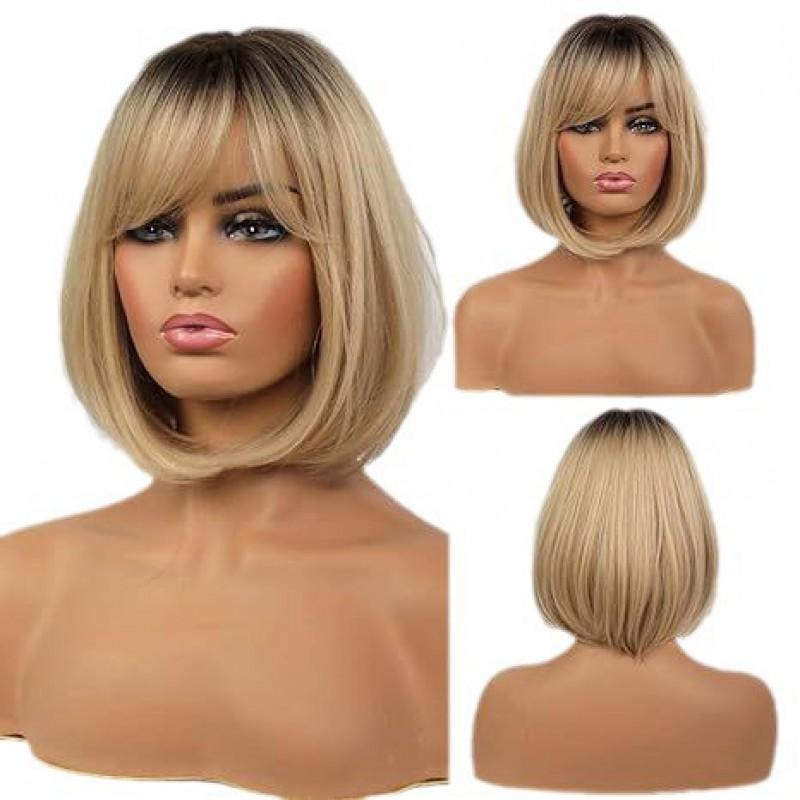 Womens Short Bob Wig With Bangs Gradient Gold Synthetic Hair Daily Use