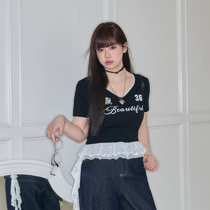 

Ren s Popular Plus Size Women s Clothing This Year Slightly Oversized Girls Slimming Suit Sweet and Spicy Style Short Sleeve T-shirt Wide Leg Denim Top - Second Batch 4XL