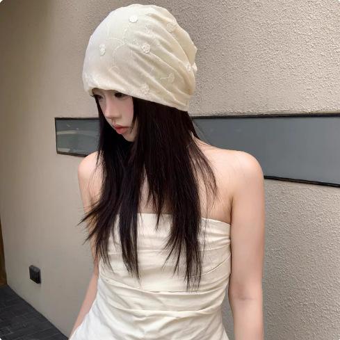 Retro flower pile hat women's spring summer thin breathable mesh cold hat big face small bag head hat