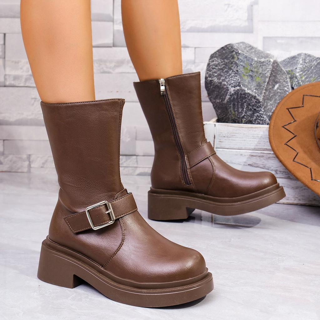 Fashion Women's Brown Platform Motorcycle Boots Buckle Strap Chunky Heels Combat Boots Woman Fashion Zipper PU Leather Ankle Botas Mujer