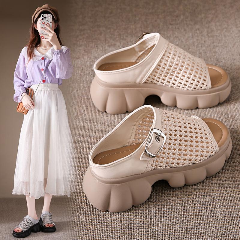Thick-bottomed muffin Birkencool slippers for women's summer wear 2025 new high-end skirt hollow-woven one-word slippers