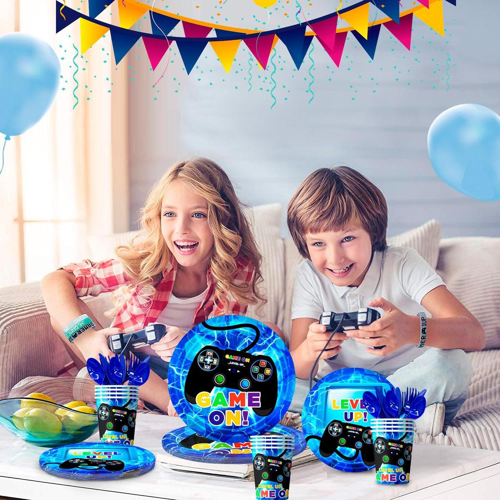 113pcs Gamer Birthday Decorations, Gaming Party Tableware Set - Game Themed Party Plate Cups Napkins Tablecloth etc