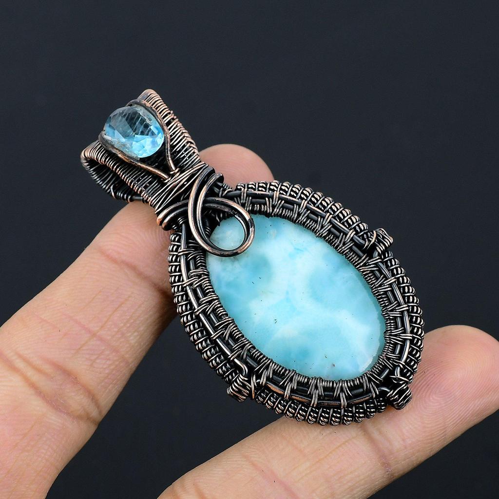 Larimar Pendant Gemstone Jewelry, 999 Copper Wire Wrapped Pendant, Handmade Jewelry Birthstone Pendant, Gift For Him