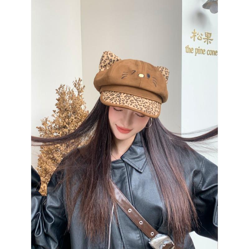 Cute Leopard Print Ears Octagonal Hat For Large Head Size Spring Autumn