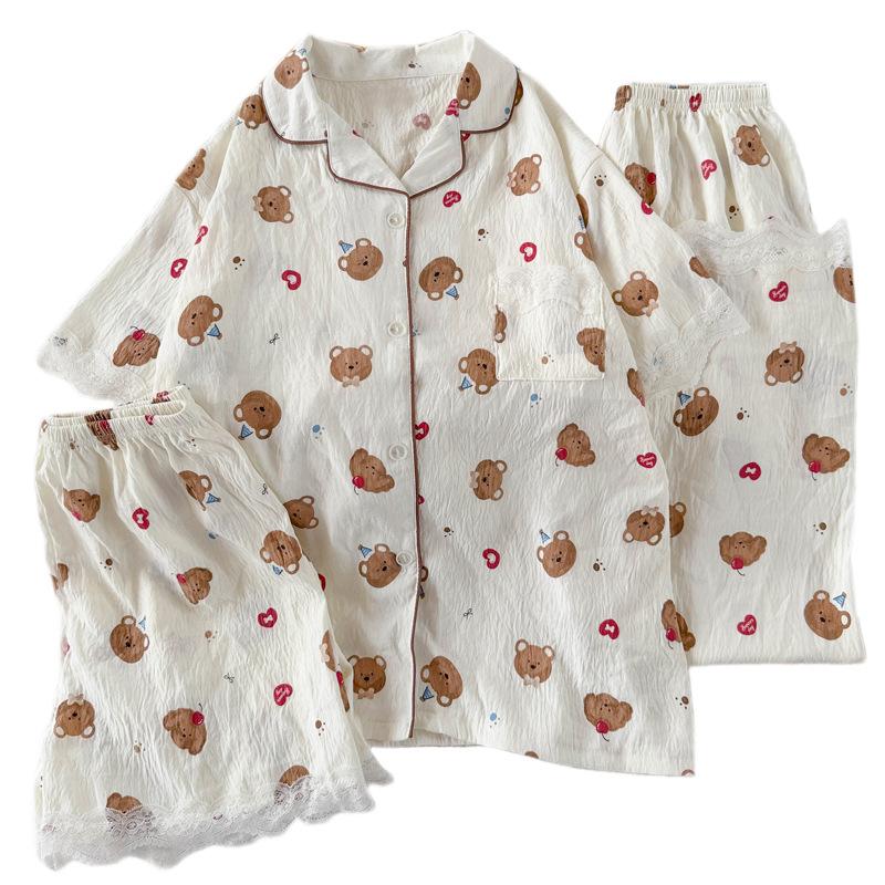 Cartoon Japanese Bear High Value Cute Cloud Cotton Lace Edge Pajamas Women'S Summer Short Sleeve Three-Piece Set