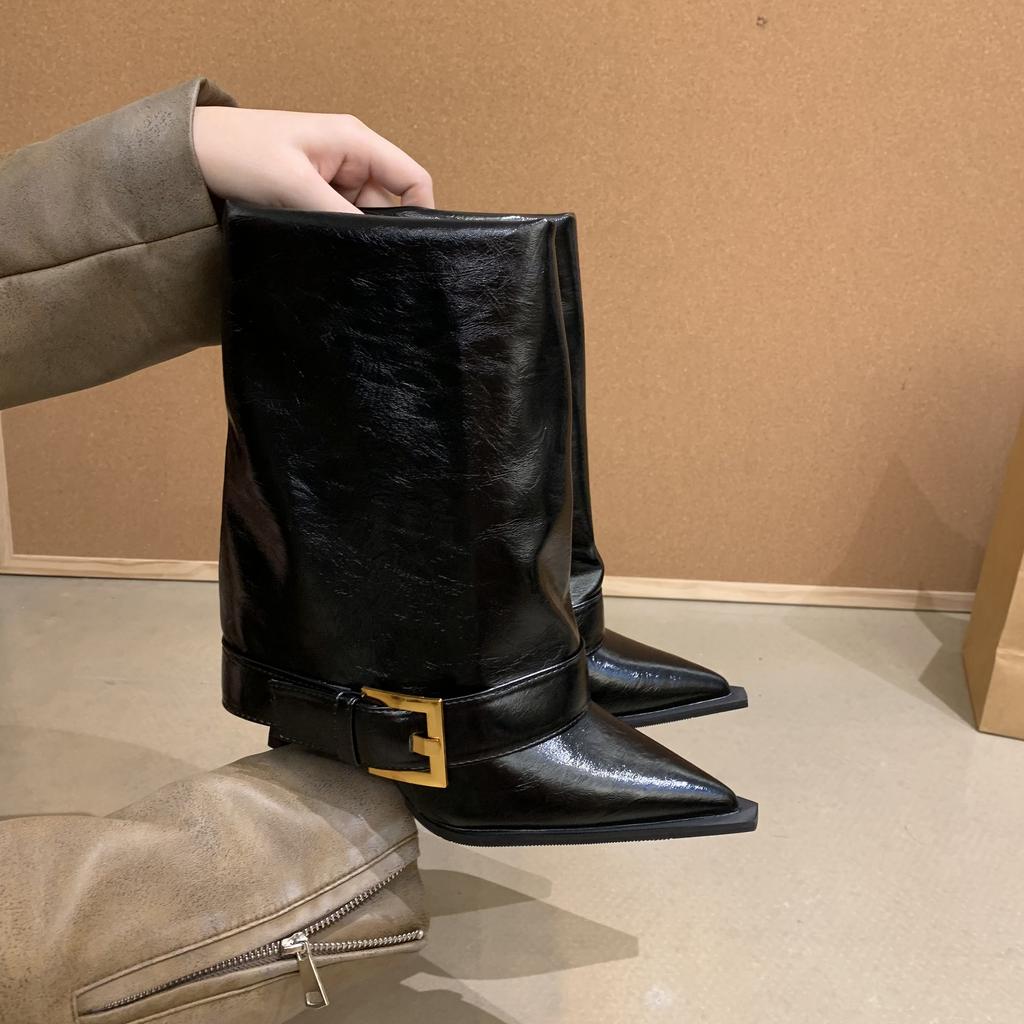 Autumn and winter new pointed-toed thin-heeled high-heeled boots, thin skirt, trousers, boots, belt buckle, medium tube, Martin short boots.