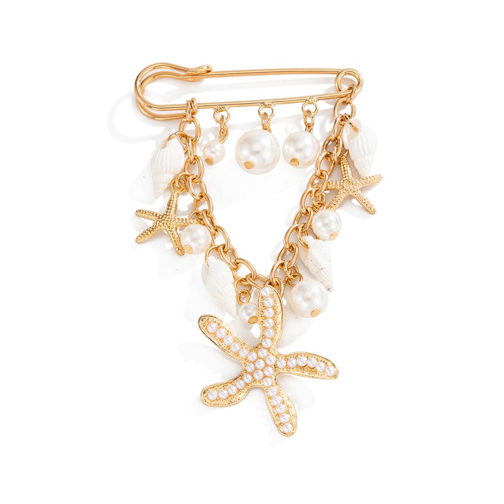 Salircon Bohemian Starfish Conch Imitation Pearl Pendant Brooches for Women Functional Detachable Suits Pin Accessories Jewelry