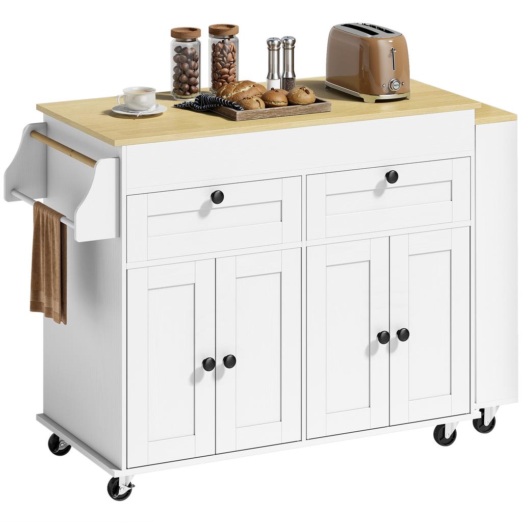 Kitchen Island with Extendable Top, Trolley on Casters, 2 Drawers, 4 Doors, White