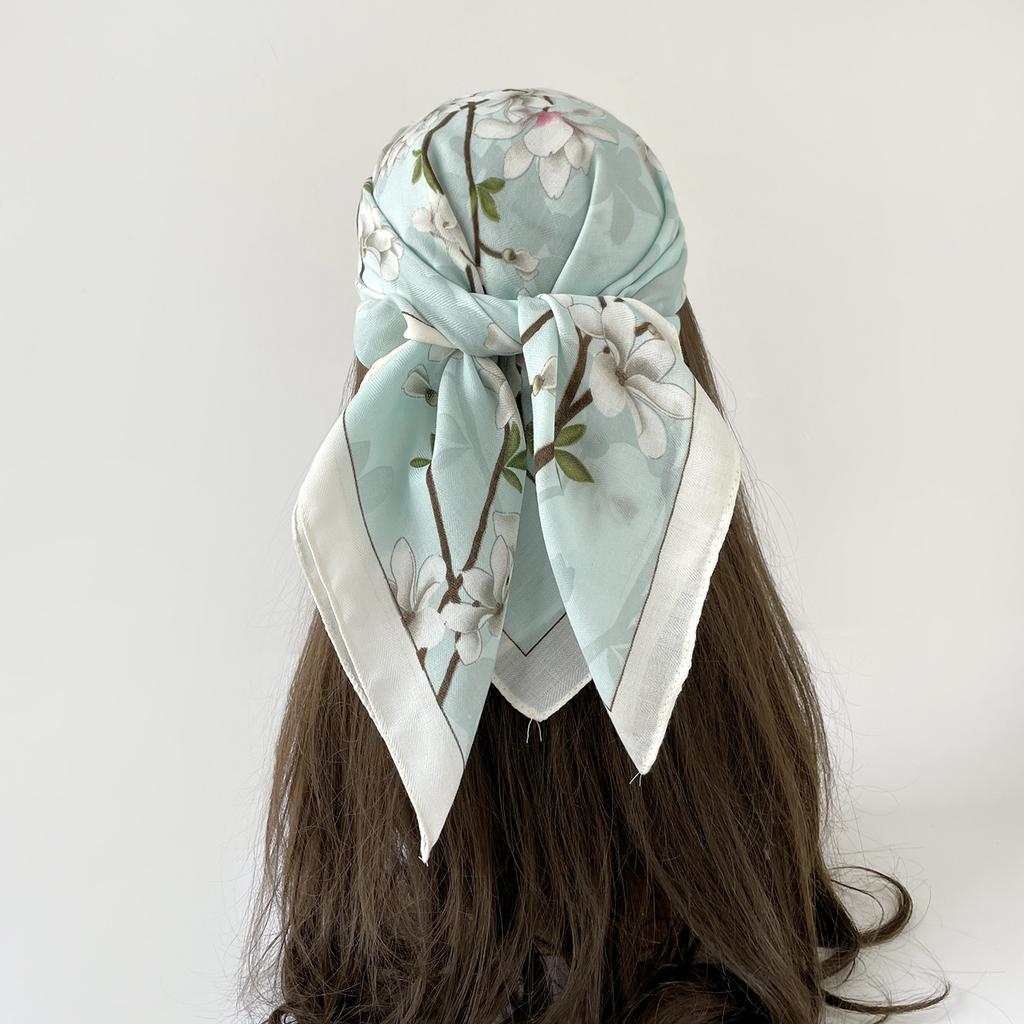 Light Luxury Retro Flower Printing Silk Hair Soft Feel Headscarf Scarf Silk Scarf Spring and Autumn Women Chinese Square Scarf
