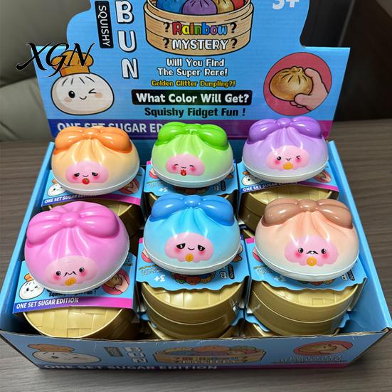 Portable Stress Reliever 12Pcs Cartoon Bow Dumpling Squeeze Toy with Steamer Box, Slow Rebound Decompression Steamed Bun Sensory Toy, Dough