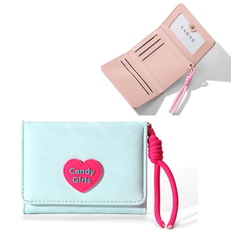 Portafoglio da donna carino a tre ante in pelle PU portamonete compatto con cinturino da polso porta carte multiplo