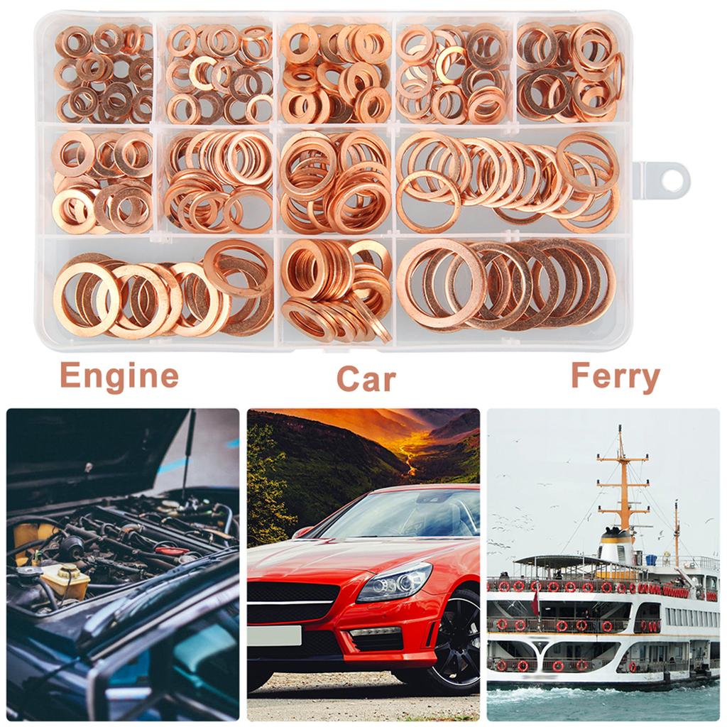 300Pcs Copper Washers M5-M20 O Ring Copper Gaskets Flat Ring Seal Kit Assortment Car Copper Sealing Ring with Storage Case