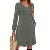 Women's Color Casual Fashion V-neck Long Sleeved Mid Length Dress
