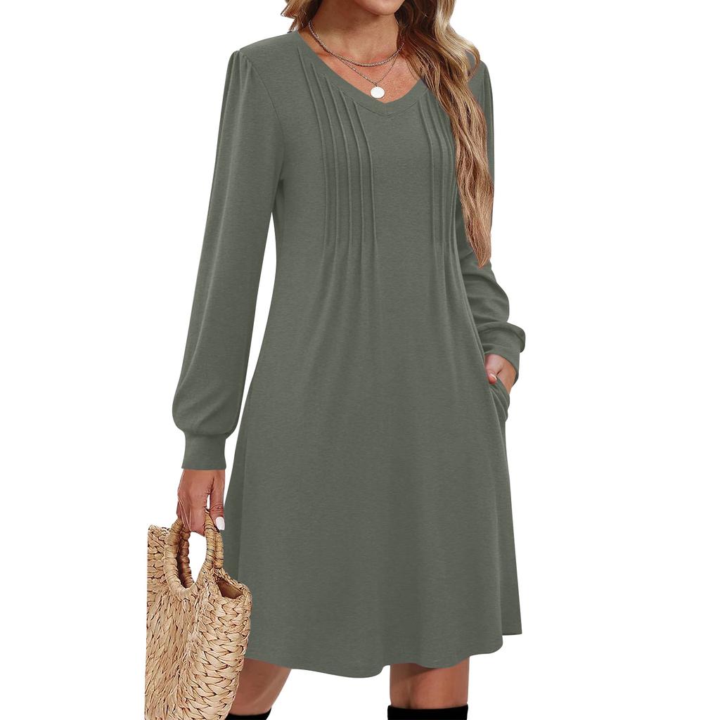 Women's Color Casual Fashion V-neck Long Sleeved Mid Length Dress
