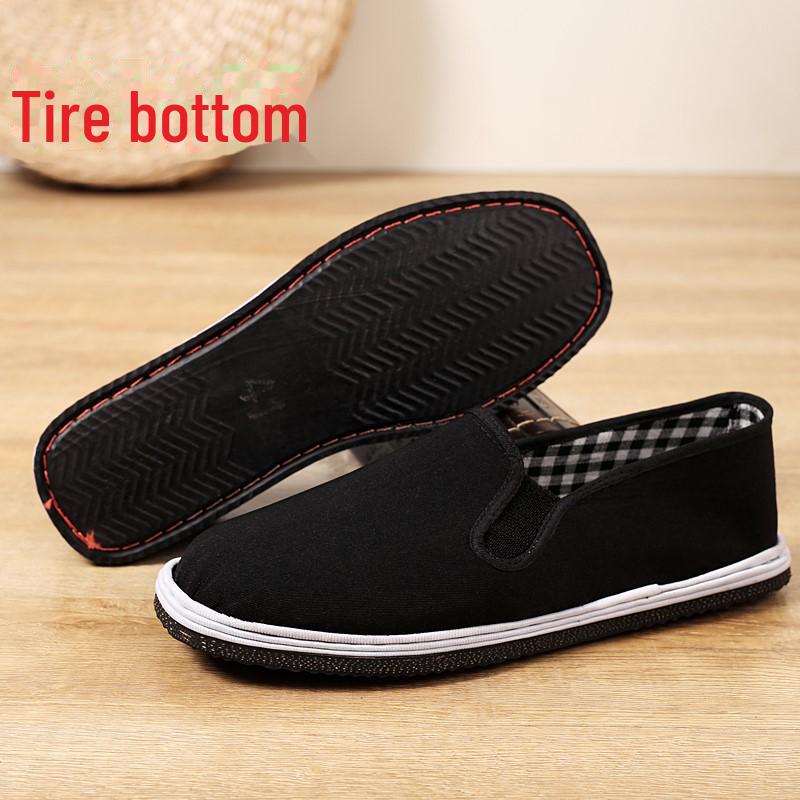 Men's Black Canvas Shoes with Yellow Oxford Tire Sole and Elastic Slip-On Design