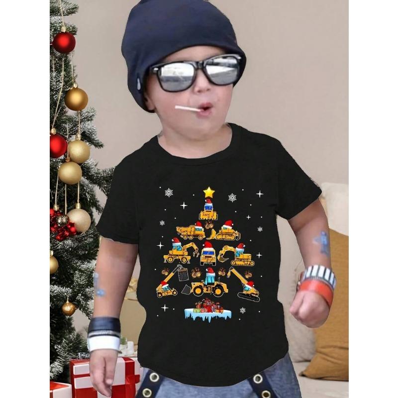 New Boys' T-shirts, Spring and Autumn Children's Colorful Christmas Printed Tops, Baby Base Shirts, Short-sleeved T-shirts