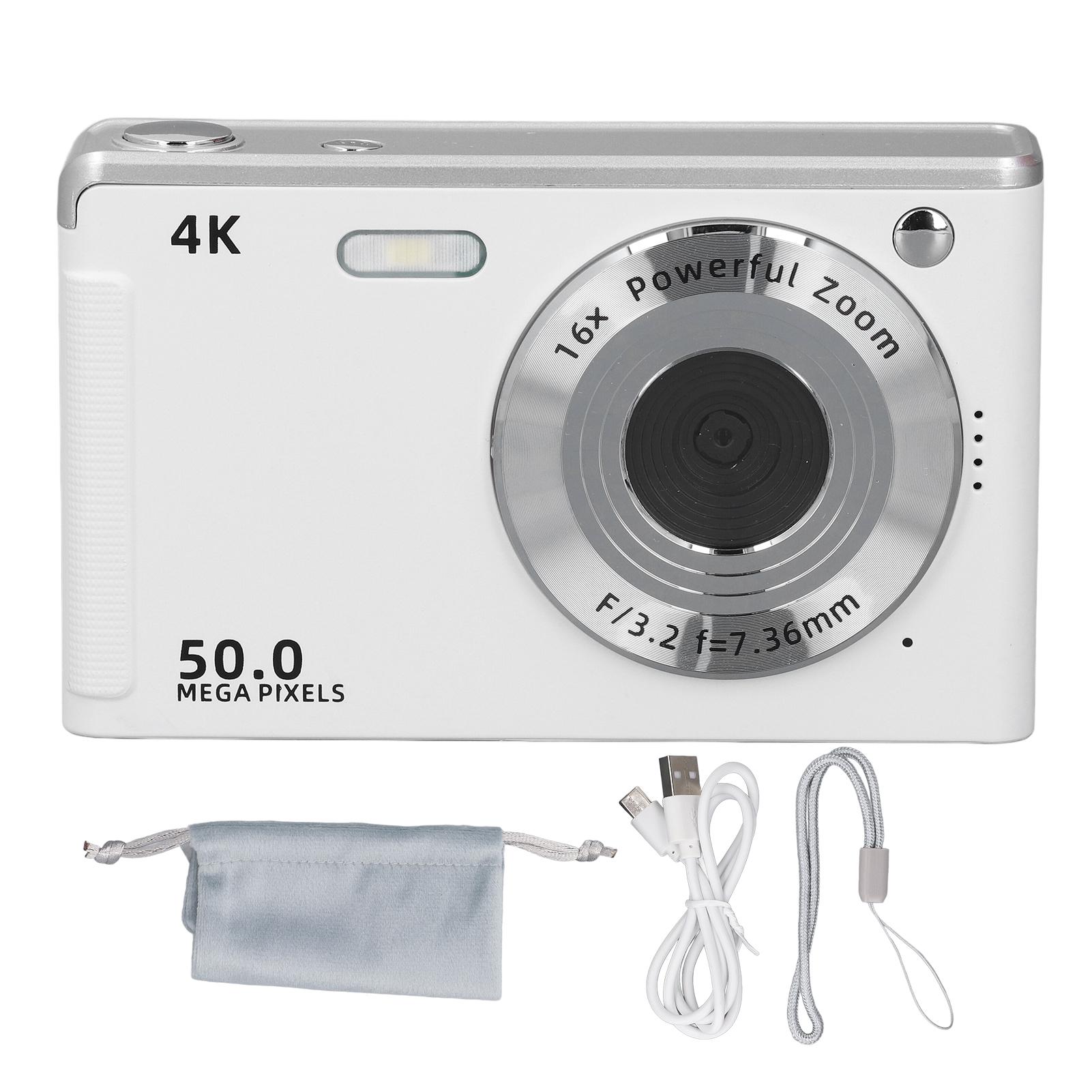 

4K Digital Camera 16X Zoom Anti Shake 50MP Autofocus Compact Camera with Fill Light for Boys Girls K White