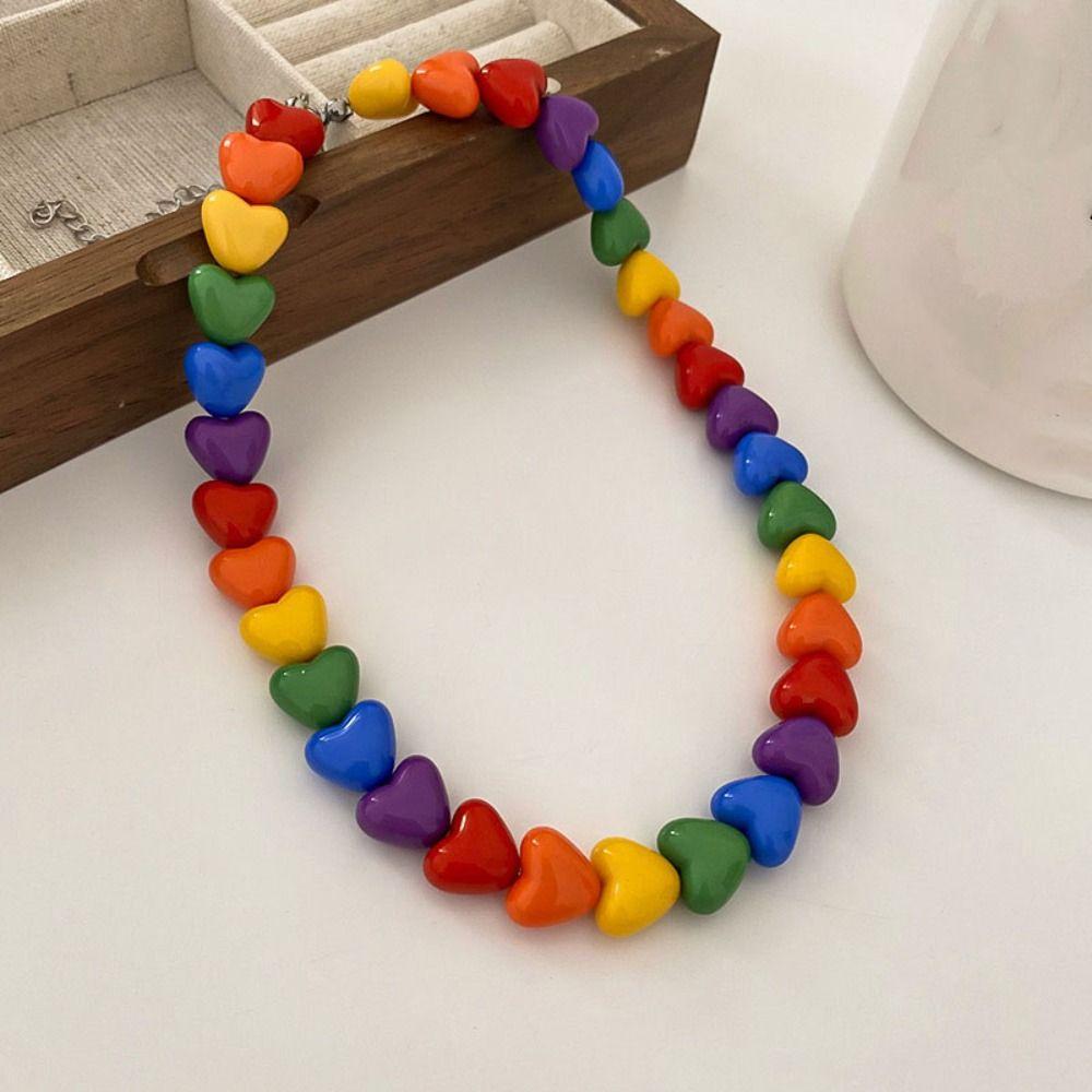 Adjustable Collarbone Chain Acrylic Love Heart Beaded Necklace Rainbow Necklace Party Supplies