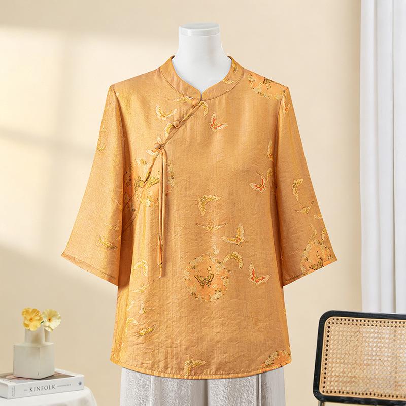 Qiaoya Ying 2026 Summer Mid-Sleeve Tang Suit Blouse - Loose, Elegant Chinese Style for Mom 2XL (52.5-60kg) жёлтый