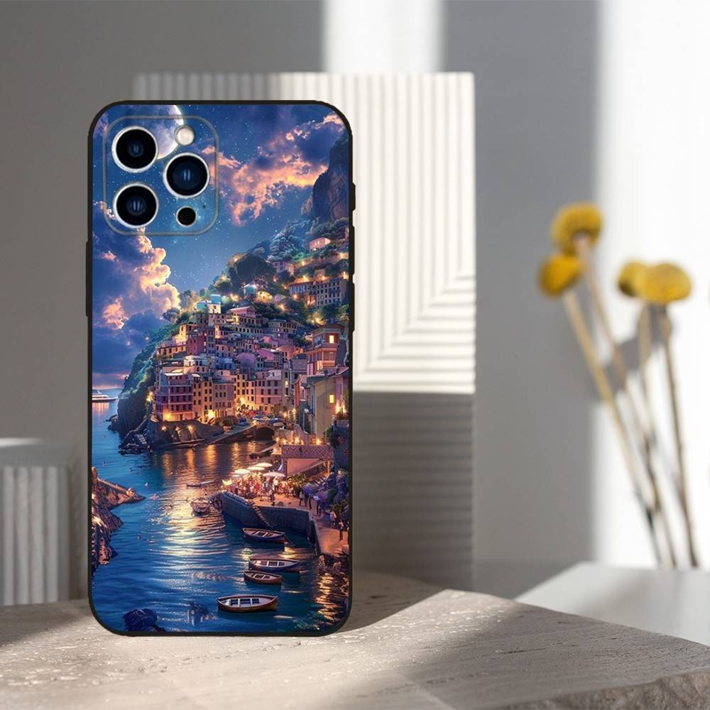 Painted Art House Scenery Case For iPhone 15,16,12,14,17,13,11,Plus,Pro Max,8,7,XR,SE,XS,X,Mini,Soft Silicone Black