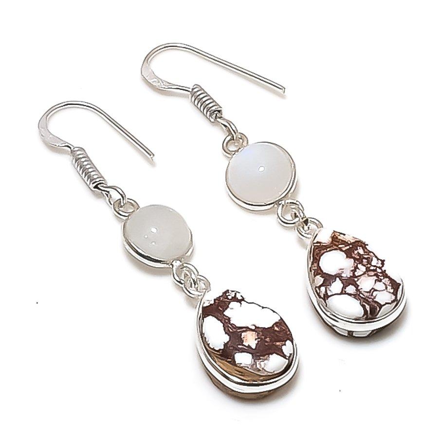 Natural Wild Horse, Moonstone Gemstone 925 Sterling Silver Earring 1.97" AE-11722